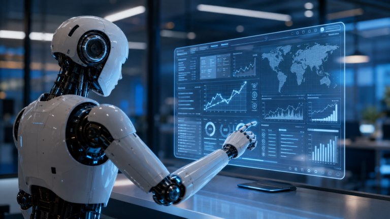 AI-powered autonomous system analyzing global supply chain data on a digital dashboard