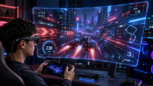 ROG XREAL R1 AR gaming glasses creating a large virtual display for immersive PC and handheld gaming